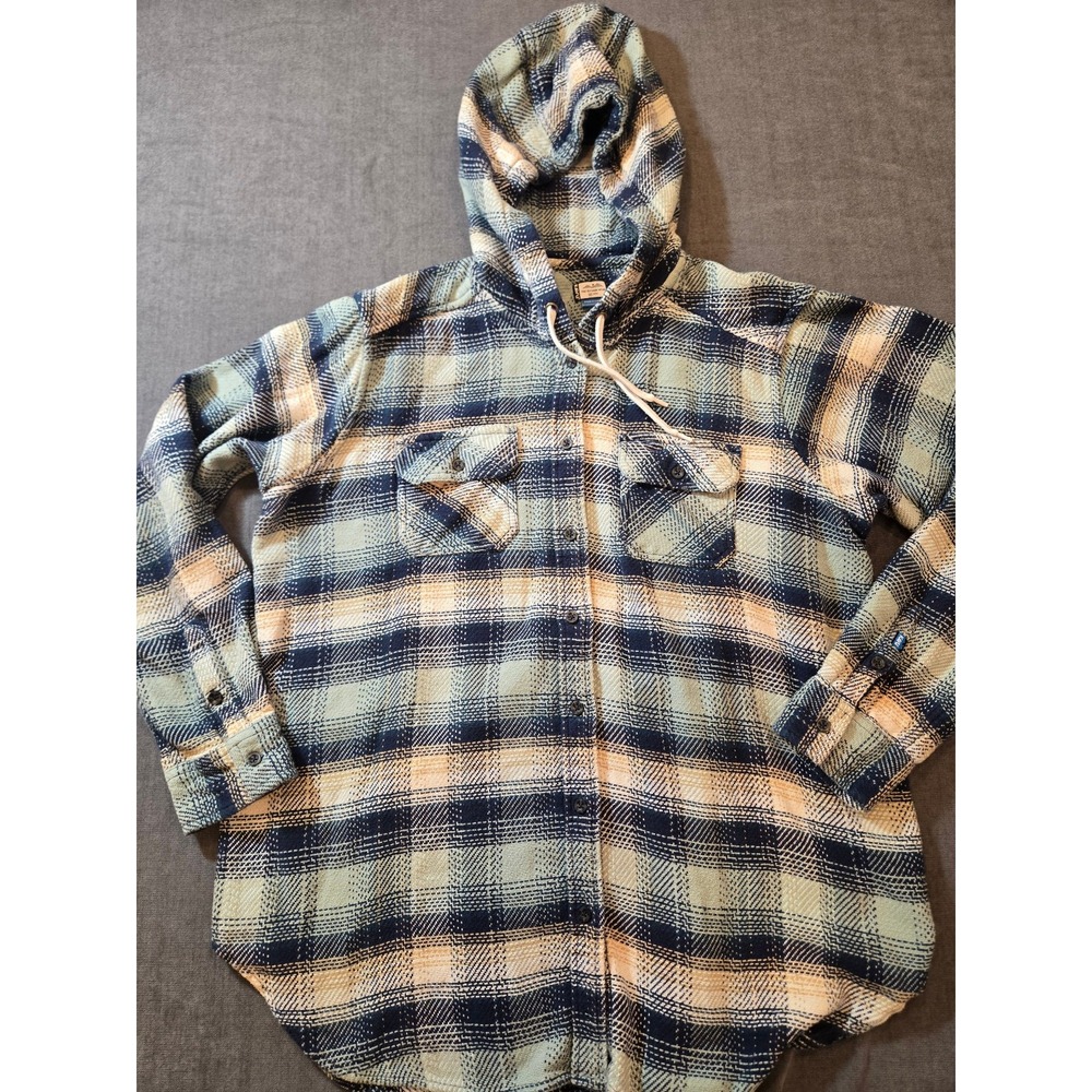 Kavu Jess Flannel Hoodie Womens XL Shirt Jacket Shacket Plaid Button Up Hiking